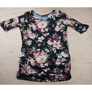 Due Time Maternity Top Black Floral Knit T-shirt Ruched Sides 1/2 Sleeve Sz M